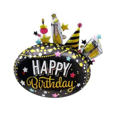 Imagem de Balão Metalizado, Feliz Aniversário, Confete Preto e Dourado - yiweisa