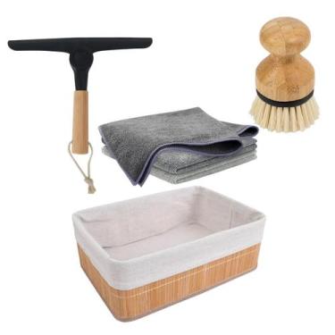 Imagem de Kit Cesto Organizador Bambu Escova Rodo 3 Panos Microfibra - OU