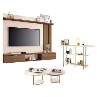 Imagem de Painel Suspenso Lets Castanho Off White com Kit Mesa de Centro Sky e Aparador Infinity Off White - HB Móveis