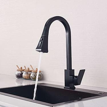 Imagem de Torneira de cozinha pull out pulverizador de fluxo quadrado bico de água quente e fria pia misturador torneira bronze 360 ​​rotação cromo preto torneira guindaste, preto