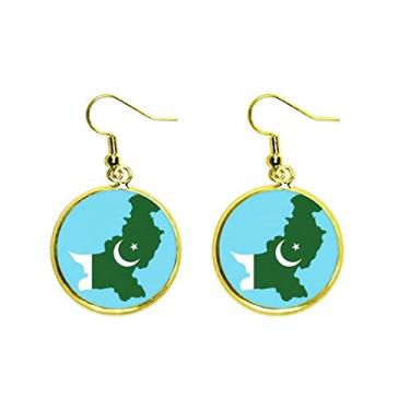 Imagem de Brinco feminino com pingente de orelha dourada e bandeira nacional do país com mapa do Paquistão, Metal