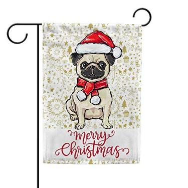 Imagem de My Daily Feliz Natal Chapéu de Papai Noel Pug Bandeira de jardim de cachorro, bandeira decorativa de jardim dupla face 30,48 x 45,72 cm