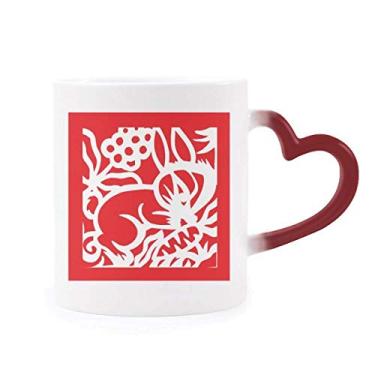 Imagem de Caneca sensível ao calor do zodíaco chinês cortada em papel Coelhos Animal Cortes Vermelho Mudança de Cor