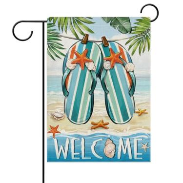 Imagem de Dyrenson Welcome Summer Flip Flops Bandeira decorativa de jardim, praia costeira tropical folhas de palmeira quintal decoração de casa, Havaí concha náutica estrela do mar ao ar livre pequena