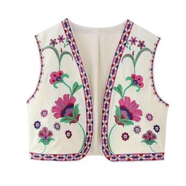 Imagem de Mincib Colete feminino bordado floral boho vintage colete de linho Y2k sem mangas 2024 verão colete top, rosa, G
