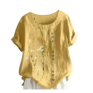 Imagem de Lainuyoah Camisetas femininas de linho de algodão com caimento solto, manga curta, estampa floral, gola redonda, blusa bordada boho retrô, D - amarelo, 3G