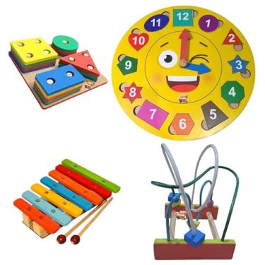 Imagem de Kit TDAH Educativo Madeira Primeira Infância Prancha Seleção + Xilofone + Aramado M + Relógio Encaixe Vol 2 (Colorido)