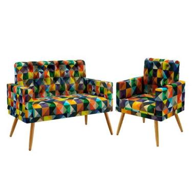 Imagem de Kit Poltrona Namoradeira e Poltrona Estofada Vega com Capitonê Sued Es