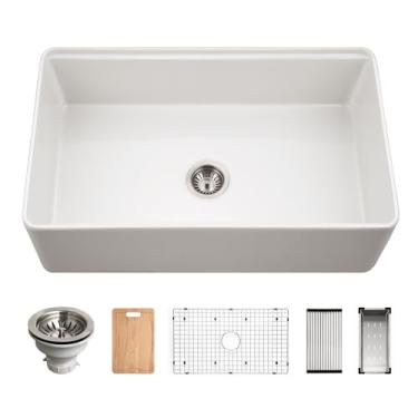 Imagem de Houzer Aspire Avental branco de 76,2 cm para casa de fazenda, tigela única, pia de estação de trabalho com acessórios - PTW-3020S WH