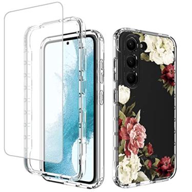 Imagem de Yodueiv Capa para Galaxy S23, Samsung S23 SM-S911U com protetor de tela de vidro temperado, capa protetora para celular com estampa floral transparente de corpo inteiro para Samsung Galaxy S 23 23S