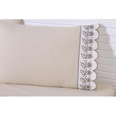 Imagem de 2 Fronhas King 50cmX90cm 100% Algodão 180 Fios Cáqui Barrado Bordado C