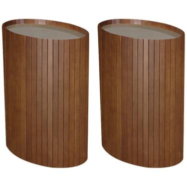 Imagem de Kit 2 Mesa Apoio Lateral Oval Tampo Vidro Glow Madeira Pinhao Nacc Pinhao