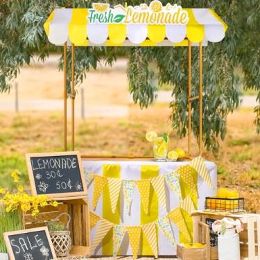 Imagem de Tioncy 6 kits de suporte de limonada para decoração de barracas de mercado incluem prateleira, faixa, teto, flâmula, saia de mesa para adereços de fotos ao ar livre com tema de limão decoração de