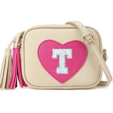 Imagem de OYLOLA Presentes de aniversário para meninas, inicial, bolsa infantil, bolsas infantis, presentes para meninas, bolsas de coração para meninas, Bege, T