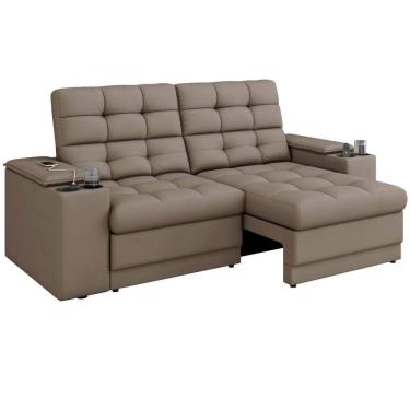 Imagem de Sofá Retrátil e Reclinável Kansas 3 lugares porta-copos entrada USB apoio do braço deslizante em tecido veludo Capuccino