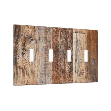 Imagem de Rusitc Placa de cobertura para interruptor de luz quadriciclo de madeira marrom envelhecida de madeira 4 Gang, placa decorativa decorativa sem parafusos