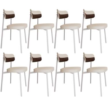 Imagem de Kit 08 Cadeiras Estofada Para Sala De Jantar Astrid Branco C01 Linho Palha Courino Whisky - Lyam Decor