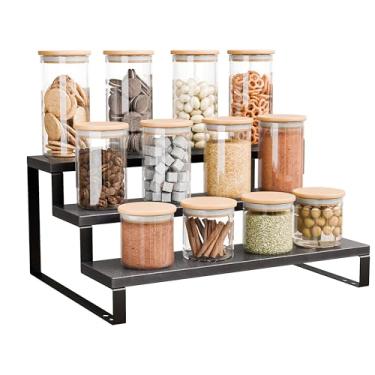 Imagem de ihomecooker Suporte De Exposição Bancada Madeira 3 Degraus, Prateleira Madeira, Organizador Temperos Para Perfumes, Maquiagem, Bonecos, Garrafas, Potes, Utensílios Panificação (Preto)