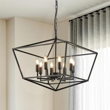 Imagem de Aol furin Lustre Industrial Preto Com 8 Luzes, Luminária De Teto, Gaiola Metal Rústica, Pingente Geométrico Para Cozinha, Entrada, Sala Jantar, Escadas, Corredor