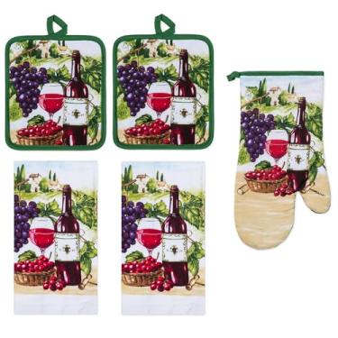 Imagem de PREMIUS Conjunto De 5 Peças Toalhas Cozinha Com Estampa Vinho, 2 Algodão, Pegadores Panela, 1 Luva Forno Alça Para Pendurar, 100% Material Na Frente E Verso Poliéster, Acessório Perfeito Presente