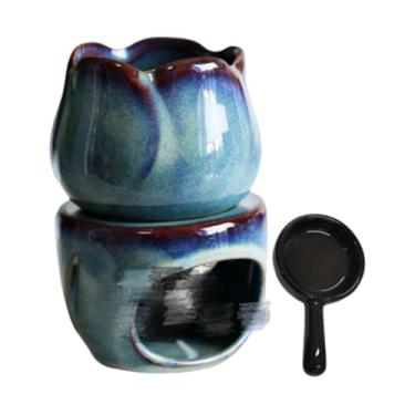 Imagem de Ioensy Queimador de óleo essencial de cerâmica, porta-velas para chá, decoração para casa, porta-incenso compacto para ambientes internos, queimador de cera, Flor-azul