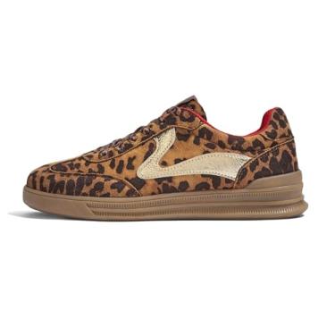 Imagem de LUCKY STEP Tênis feminino moderno clássico leopardo retrô plataforma tênis feminino com cadarço tênis caminhada skate, Leopardo/dourado, 35