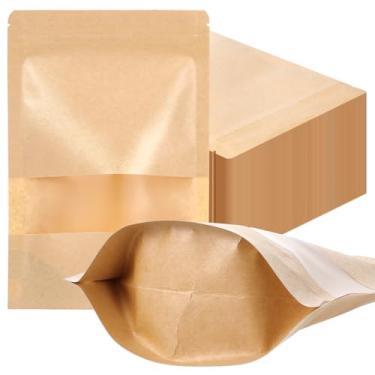 Imagem de 300 sacos kraft com janela de 15 x 23 cm, bolsas de papel com zíper a granel, armazenamento de alimentos, sacos reutilizáveis seláveis a quente para embalagem, casa, escritório, negócios