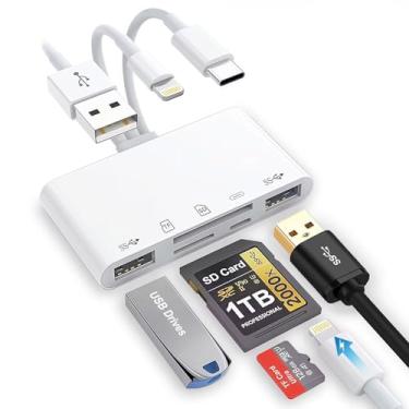 Imagem de Leitor de cartão SD para iPhone/iPad, leitor de cartão de memória universal 5 em 1 para cartão SD/TF/unidade USB, conector USB-C/Lightning/USB compatível com iPhone 16/iPad Pro/Galaxy/MacBook/Dell
