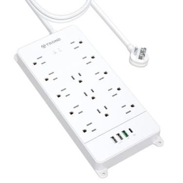 Imagem de TROND Surge Protetor Power Bar com 32W USB C & QC 3.0 Charger, 4000J, ETL Listed, 13 Outlets 4 USB Ports, Cordão de extensão longa, Flat Plug Power Strip, Wall Mount for College Dorm Room
