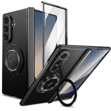 Imagem de XIMAND Capa para Samsung Galaxy Z Fold 7 com suporte de anel magnético, suporte giratório 360, proteção de dobradiça e protetor de tela frontal embutido, capa fina antiqueda à prova de choque (preto)