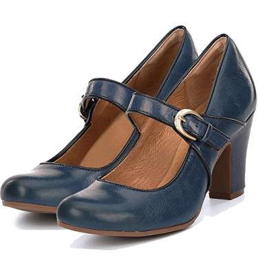 Imagem de SHODENSE Sapatos Mary Jane Vintage De Salto Alto Grosso, Azul Marinho, Com Tira No Tornozelo, Bico Redondo, Bloco 3 Polegadas, Scarpin Lolita, Fivela Patchwork Bicolor, Retrô, Feminino, Escritório,