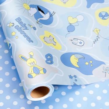 Imagem de Homeral Papel de embrulho azul para chá de bebê – Mini rolo - 43 cm x 40 cm, embrulho reversível para presente com urso fofo, pato, garça, macacão infantil, pés baianos para aniversário, revelação de
