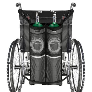 Imagem de NIHAO Suporte duplo de tanque de oxigênio para carrinhos de rodas, bolsa de cilindro de oxigênio com zíperes ajustáveis e bolsos de armazenamento de malha, acessório portátil para cadeira de rodas