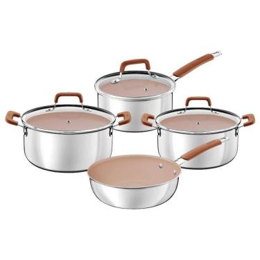 Imagem de Jogo De Panelas Tramontina Romagna Aço Inox Com Revestimento Interno Cerâmico Marfim 4 Peças