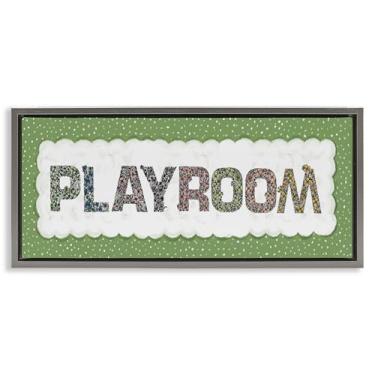 Imagem de Stupell Industries Arte de parede em tela flutuante cinza para sala de jogos com borda verde, design de Jennifer Stith, 28 x 63 cm