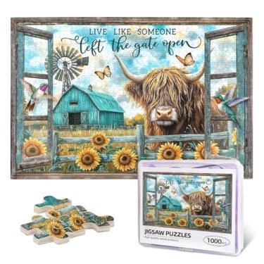 Imagem de 1000 Piece Wooden Jigsaw Puzzle for Adults - Funny Highland Cow Landscape with Live Like Someone Left The Gate Open Quote, Challenging Farm Theme Gift for Cow Lovers​