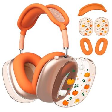 Imagem de BlHMCASE Capa de fone de ouvido para AirPods Max, capa de fone de ouvido transparente com estrela de abóbora de outono, capa de silicone laranja para Apple AirPods Max
