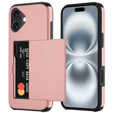 Imagem de Qinmay Capa carteira compatível com iPhone 16 Plus, suporte de cartão embutido, camada dupla protetora resistente à prova de choque com compartimento para cartão oculto, capa fina para celular para