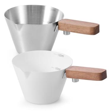 Imagem de KHZSPP 2 copos de café expresso de aço inoxidável com cabo e bico de madeira, copos de café expresso de 120 ml com escala dupla, mini copo de leite para medida de café barista (estilo1)