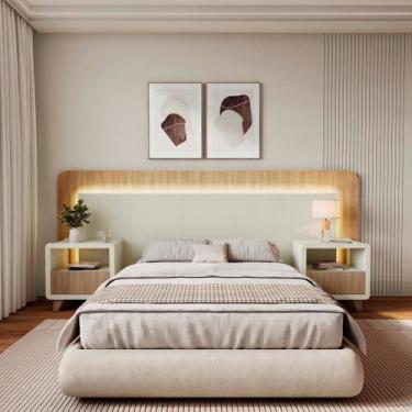 Imagem de Cabeceira Casal Queen com 2 Mesas de Cabeceira Led 3000k e Tomadas 100