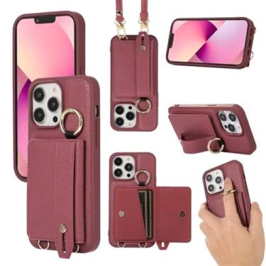 Imagem de Pulseira carteira cartões solt crossbody capa de couro para iphone 15 pro max 14 plus 13 12 11 anel titular cordão saco bolsa capa, clarete, para iphone 11