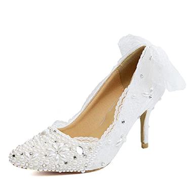Imagem de Bigfanshu Sandálias femininas de salto alto de renda branca feita à mão pérola diamante boca rasa salto fino sapatos de casamento laço sapatos de noiva femininos sapatos de salto alto, Branco, 37 BR