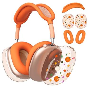 Imagem de BlHMCASE Capa de fone de ouvido para AirPods Max, capa de fone de ouvido transparente com estrela de abóbora de outono, capa de silicone laranja para Apple AirPods Max