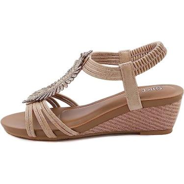 Imagem de Sandálias femininas de anabela com tira cruzada romana respirável casual boêmia sandálias rasteiras, Cáqui, 40 BR