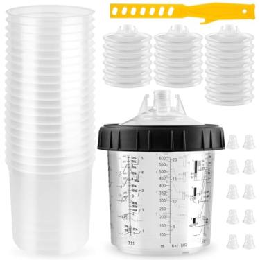 Imagem de Forros e sistema de tampa descartáveis para pistolas de pulverização de tinta, kit de 200 ml com 45 forros, 45 tampas com filtro de 125 mícrons, 20 plugues e 1 copo rígido com anel de retenção para