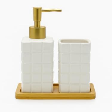 Imagem de Conjunto de Dispenser de Sabonete Líquido e Porta Escova de Dentes com Bandeja de Bambu, Texturizado (Branco)