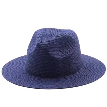 Imagem de Chapéu de palha Panamá de verão masculino e feminino, aba larga, proteção UV, chapéu Fedora Sun Hat Navy1 L59-60 cm
