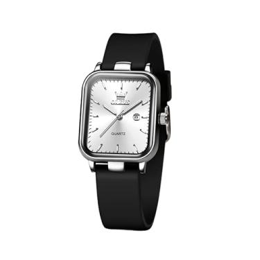 Imagem de OLEVS Relógio feminino de quartzo, mostrador quadrado, analógico, silicone, impermeável, clássico, design elegante, presente ideal para uso diário, Branco-7089