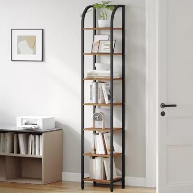 Imagem de Hzuaneri Estante de livros estreita organizadora de prateleira com moldura de aço para estudo, sala de estar, quarto, cozinha, escritório em casa, estante industrial, 7 camadas, marrom rústico
