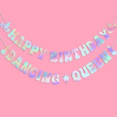 Imagem de SKJIAYEE Kit de faixa Happy Birthday Dancing Queen, Iridescente Dancing Queen Mamma Mia Party Decorations, 70s Disco Bday Decorações Mamma Mia Supplies Ideias Presentes Piadas Favores